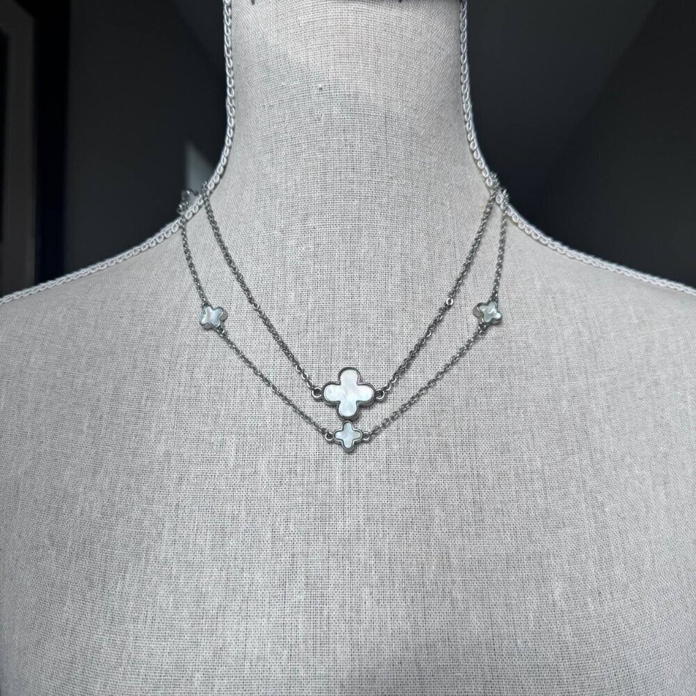 Modern Mother-of-Pearl Clover Necklaces on Silver-tone Chains - Set of 2